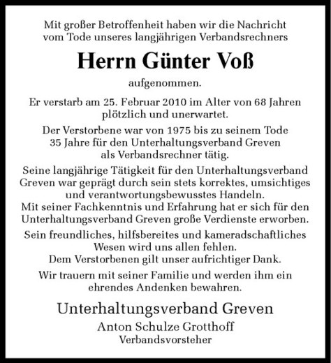  Traueranzeige für Günter Voß vom 02.03.2010 aus Westfälische Nachrichten