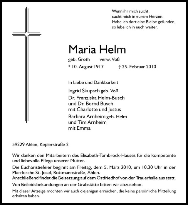  Traueranzeige für Maria Helm vom 02.03.2010 aus Westfälische Nachrichten