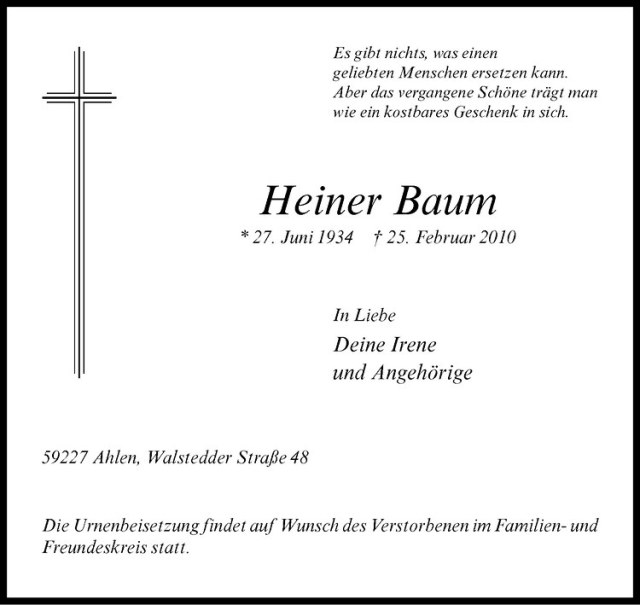  Traueranzeige für Heiner Baum vom 02.03.2010 aus Westfälische Nachrichten
