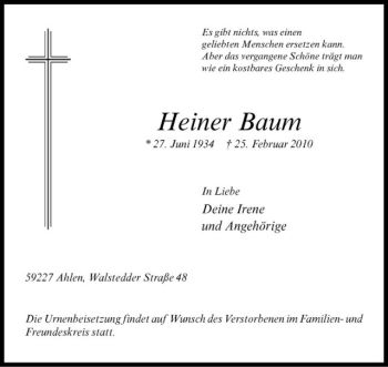 Anzeige von Heiner Baum von Westfälische Nachrichten