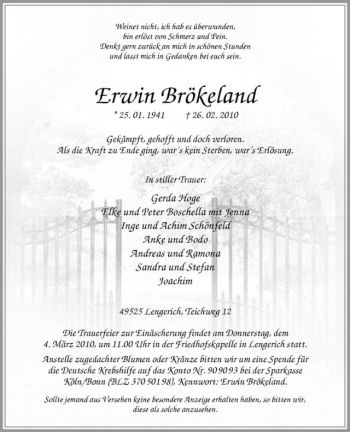 Anzeige von Erwin Brökeland von Westfälische Nachrichten