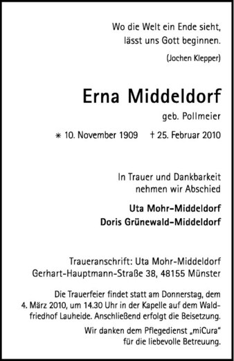  Traueranzeige für Erna Middeldorf vom 02.03.2010 aus Westfälische Nachrichten