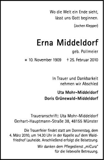 Anzeige von Erna Middeldorf von Westfälische Nachrichten