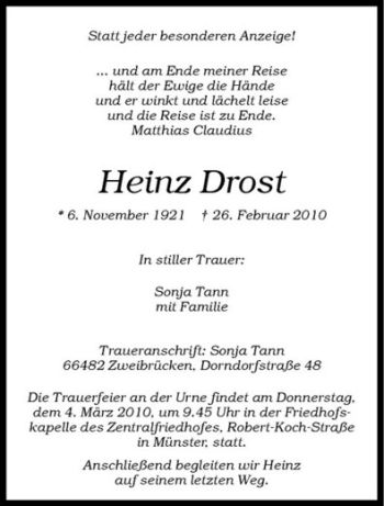 Anzeige von Heinz Drost von Westfälische Nachrichten