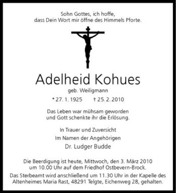 Anzeige von Adelheid Kohues von Westfälische Nachrichten
