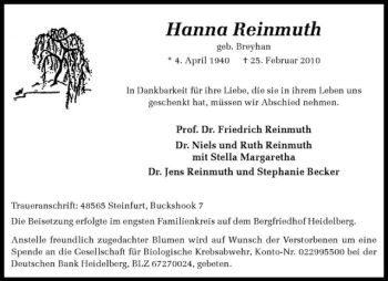 Anzeige von Hanna Reinmuth von Westfälische Nachrichten