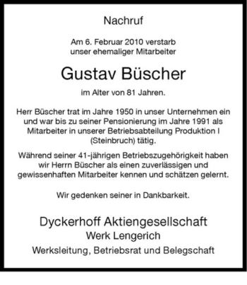 Anzeige von Gustav Büscher von Westfälische Nachrichten