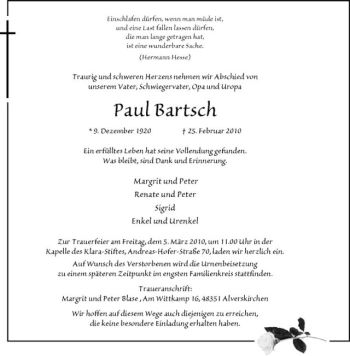 Anzeige von Paul Bartsch von Westfälische Nachrichten