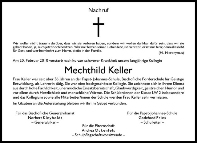  Traueranzeige für Mechthild Keller vom 03.03.2010 aus Westfälische Nachrichten