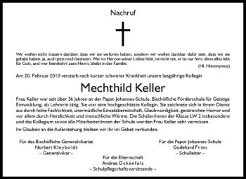 Anzeige von Mechthild Keller von Westfälische Nachrichten