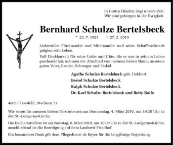 Anzeige von Bernhard Schulze Bertelsbeck von Westfälische Nachrichten