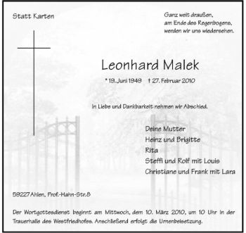Anzeige von Leonhard Malek von Westfälische Nachrichten