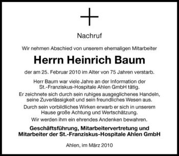 Anzeige von Heinrich Baum von Westfälische Nachrichten