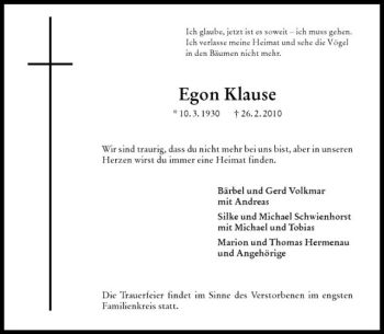 Anzeige von Egon Klause von Westfälische Nachrichten