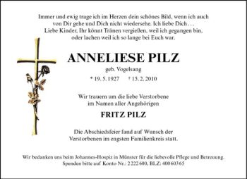 Anzeige von Anneliese Pilz von Westfälische Nachrichten