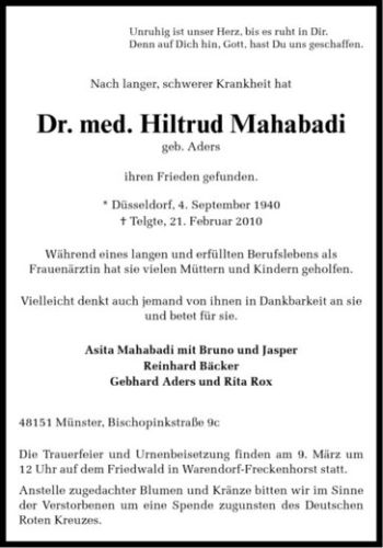 Anzeige von Hiltrud Mahabadi von Westfälische Nachrichten