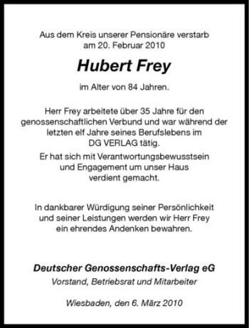 Anzeige von Hubert Frey von Westfälische Nachrichten
