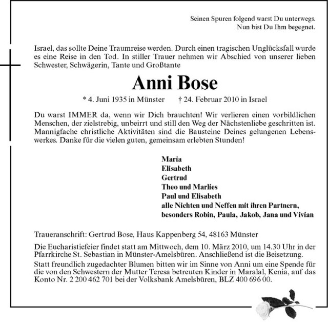  Traueranzeige für Anni Bose vom 06.03.2010 aus Westfälische Nachrichten