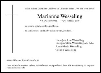 Anzeige von Marianne Wesseling von Westfälische Nachrichten