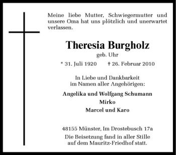 Anzeige von Theresia Burgholz von Westfälische Nachrichten