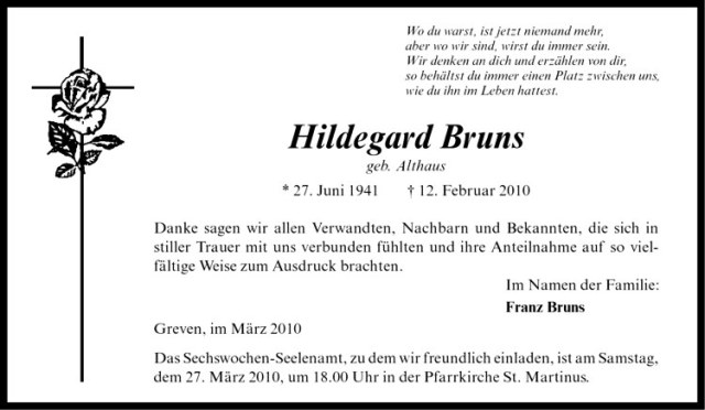  Traueranzeige für Hildegard Bruns vom 20.03.2010 aus Westfälische Nachrichten