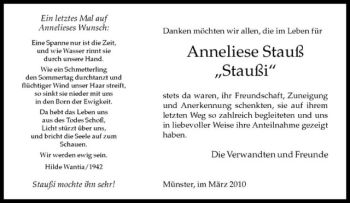 Anzeige von Anneliese Stauß von Westfälische Nachrichten