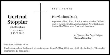 Anzeige von Gertrud Stöppler von Westfälische Nachrichten
