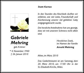 Anzeige von Gabriele Mehring von Westfälische Nachrichten