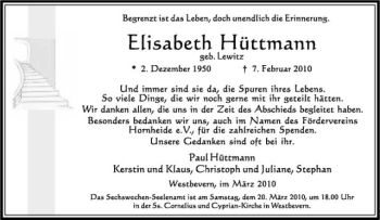Anzeige von Elisabeth Hüttmann von Westfälische Nachrichten