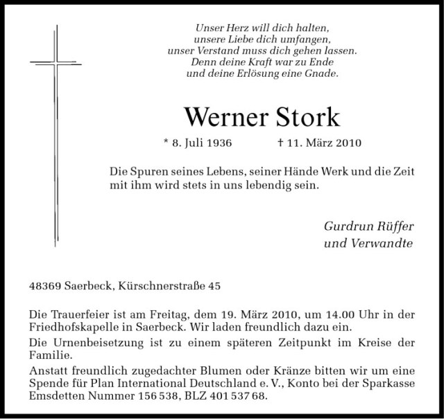 Traueranzeige für Werner Stork vom 16.03.2010 aus Westfälische Nachrichten