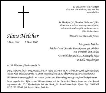 Anzeige von Hans Melcher von Westfälische Nachrichten