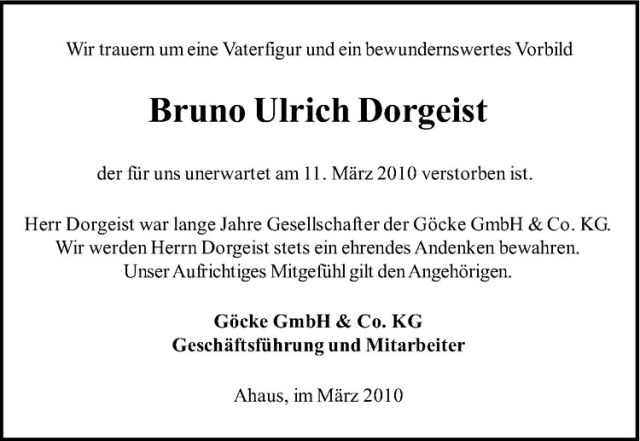  Traueranzeige für Bruno Ulrich Dorgeist vom 16.03.2010 aus Westfälische Nachrichten