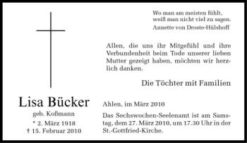 Anzeige von Lisa Bücker von Westfälische Nachrichten