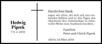 Anzeige von Hedwig Piprek von Westfälische Nachrichten