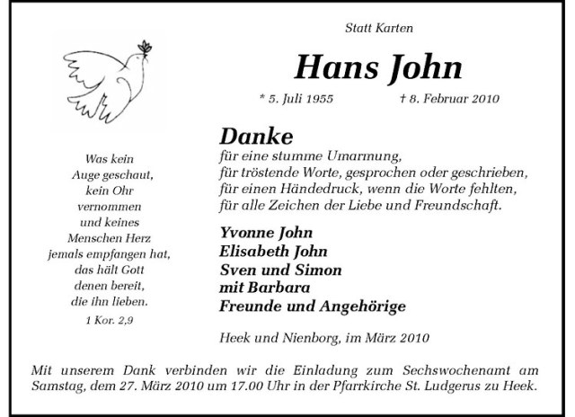  Traueranzeige für Hans John vom 23.03.2010 aus Westfälische Nachrichten
