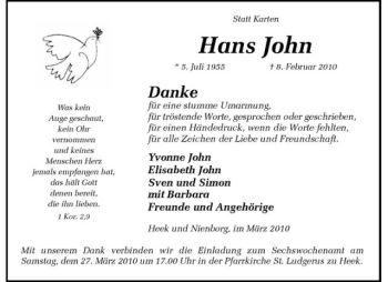Anzeige von Hans John von Westfälische Nachrichten