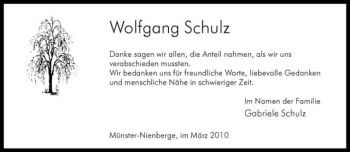 Anzeige von Wolfgang Schulz von Westfälische Nachrichten
