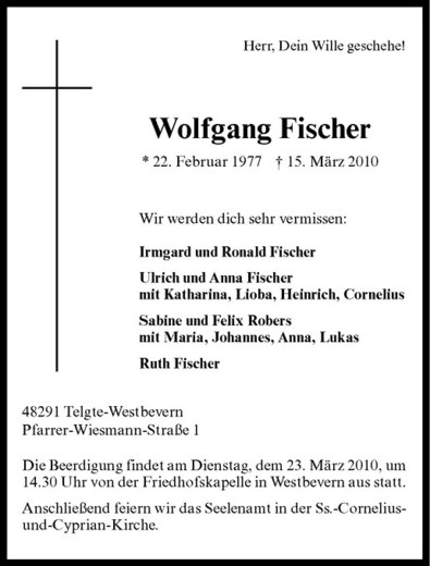  Traueranzeige für Wolfgang Fischer vom 19.03.2010 aus Westfälische Nachrichten