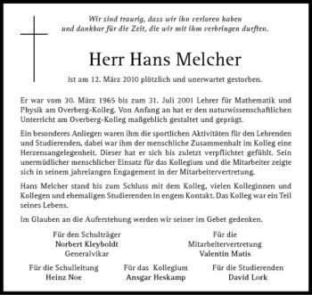 Anzeige von Hans Melcher von Westfälische Nachrichten