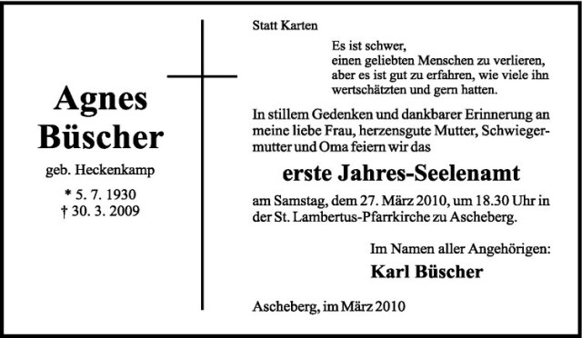  Traueranzeige für Agnes Büscher vom 20.03.2010 aus Westfälische Nachrichten