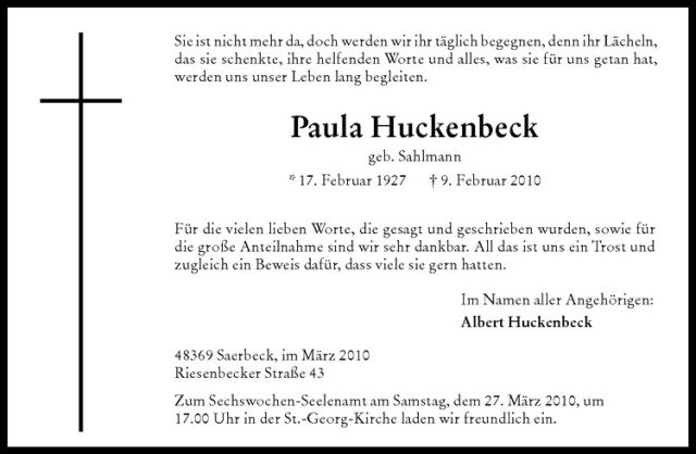  Traueranzeige für Paula Huckenbeck vom 25.03.2010 aus Westfälische Nachrichten