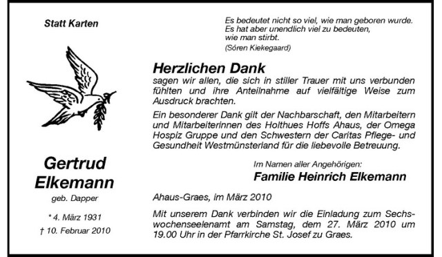  Traueranzeige für Gertrud Elkemann vom 24.03.2010 aus Westfälische Nachrichten