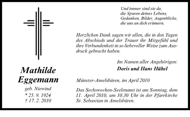  Traueranzeige für Mathilde Eggemann vom 02.04.2010 aus Westfälische Nachrichten