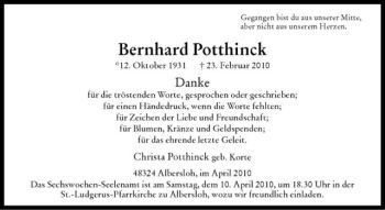Anzeige von Bernhard Potthinck von Westfälische Nachrichten