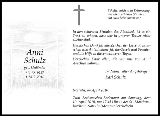  Traueranzeige für Anni Schulz vom 02.04.2010 aus Westfälische Nachrichten