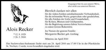 Anzeige von Alois Recker von Westfälische Nachrichten
