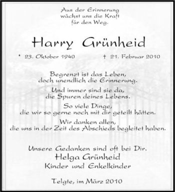 Anzeige von Harry Grünheid von Westfälische Nachrichten
