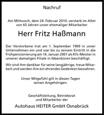Anzeige von Fritz Haßmann von Westfälische Nachrichten