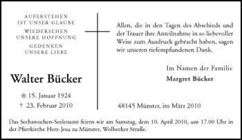 Anzeige von Walter und Margarethe Bücker von Westfälische Nachrichten
