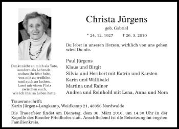 Anzeige von Christa Jürgens von Westfälische Nachrichten